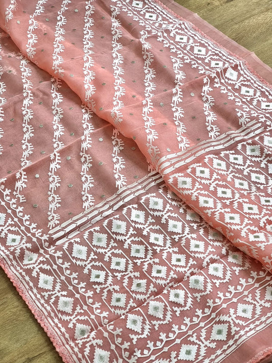 Pure Organza Silk Saree With Dhakai embroidery Hand-Work