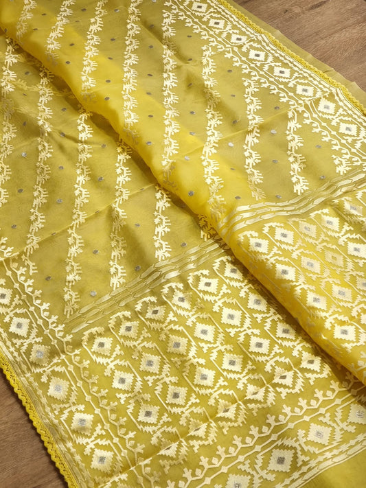 Pure Organza Silk Saree With Dhakai embroidery Hand-Work