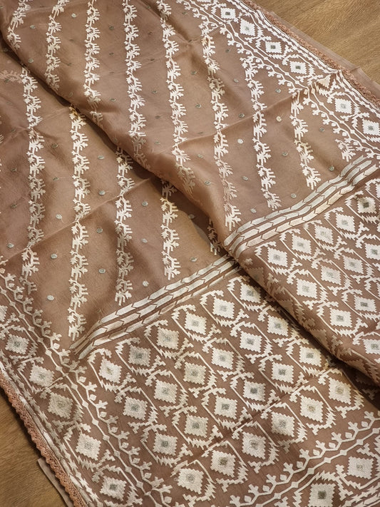 Pure Organza Silk Saree With Dhakai embroidery Hand-Work