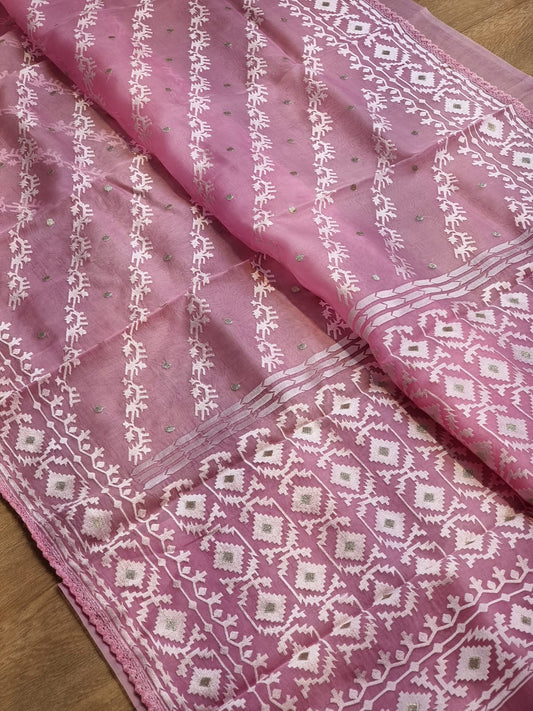 Pure Organza Silk Saree With Dhakai embroidery Hand-Work