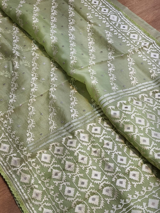 Pure Organza Silk Saree With Dhakai embroidery Hand-Work