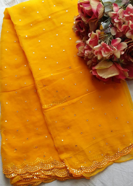 Beautiful Pure Jaipuri Chiffon Elegant mirror work saree with running blouse