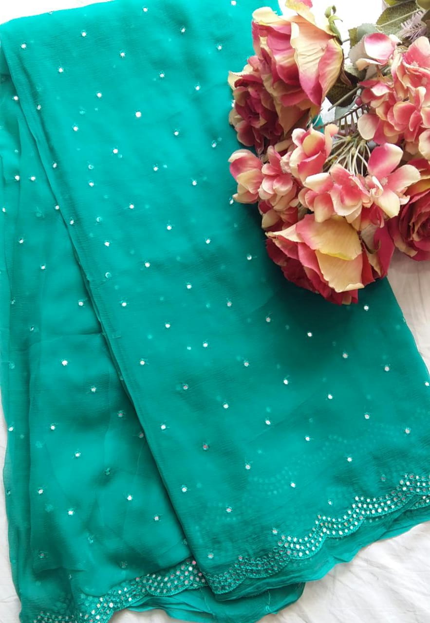 Beautiful Pure Jaipuri Chiffon Elegant mirror work saree with running blouse