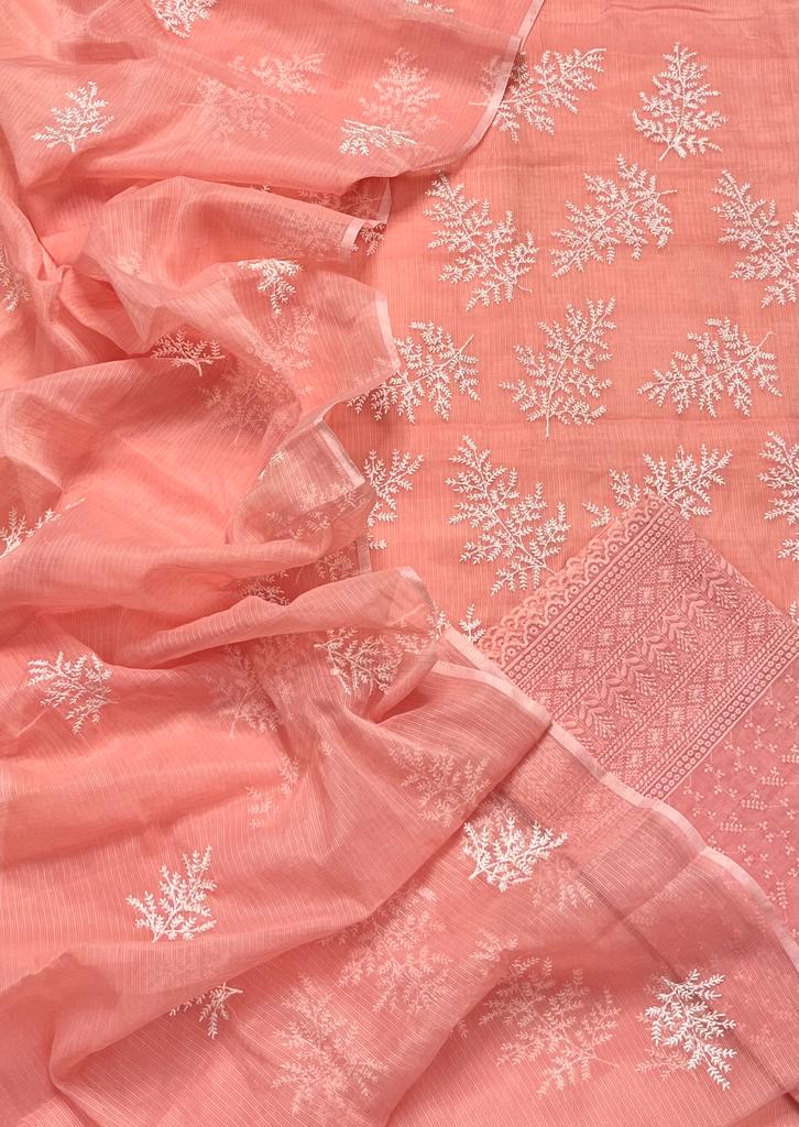 Pure Kota-Doria Hand Embroidery Unstitched Suit with Chikankari Bottom