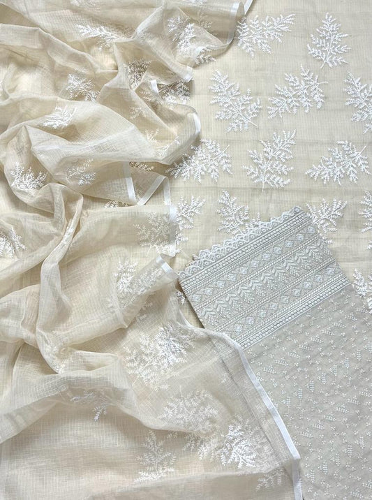 Pure Kota-Doria Hand Embroidery Unstitched Suit with Chikankari Bottom