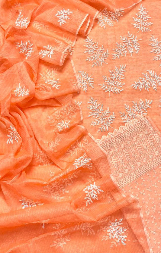 Pure Kota-Doria Hand Embroidery Unstitched Suit with Chikankari Bottom