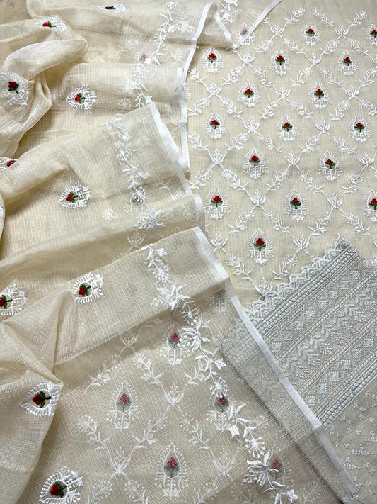 Pure Kota-Doria Hand Embroidery Unstitched Suit with Chikankari Bottom