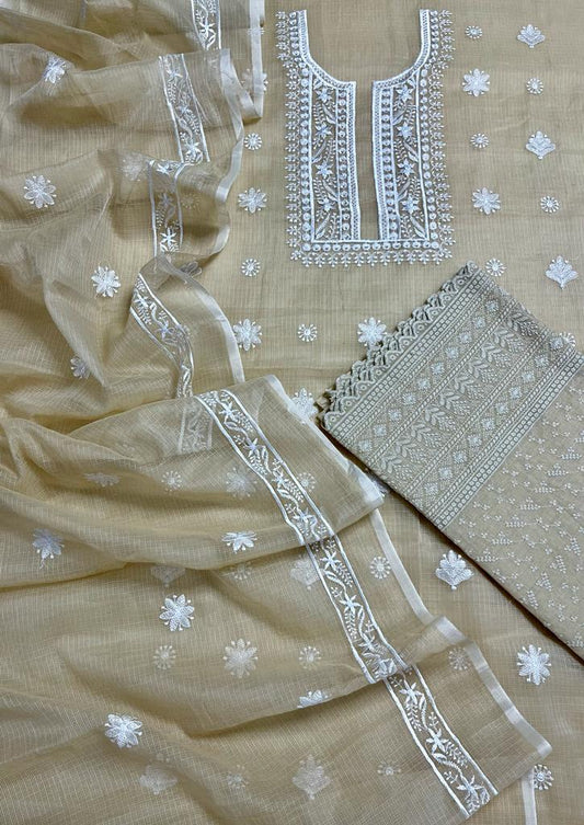 Pure Kota-Doria Hand Embroidery Unstitched Suit with Chikankari Bottom