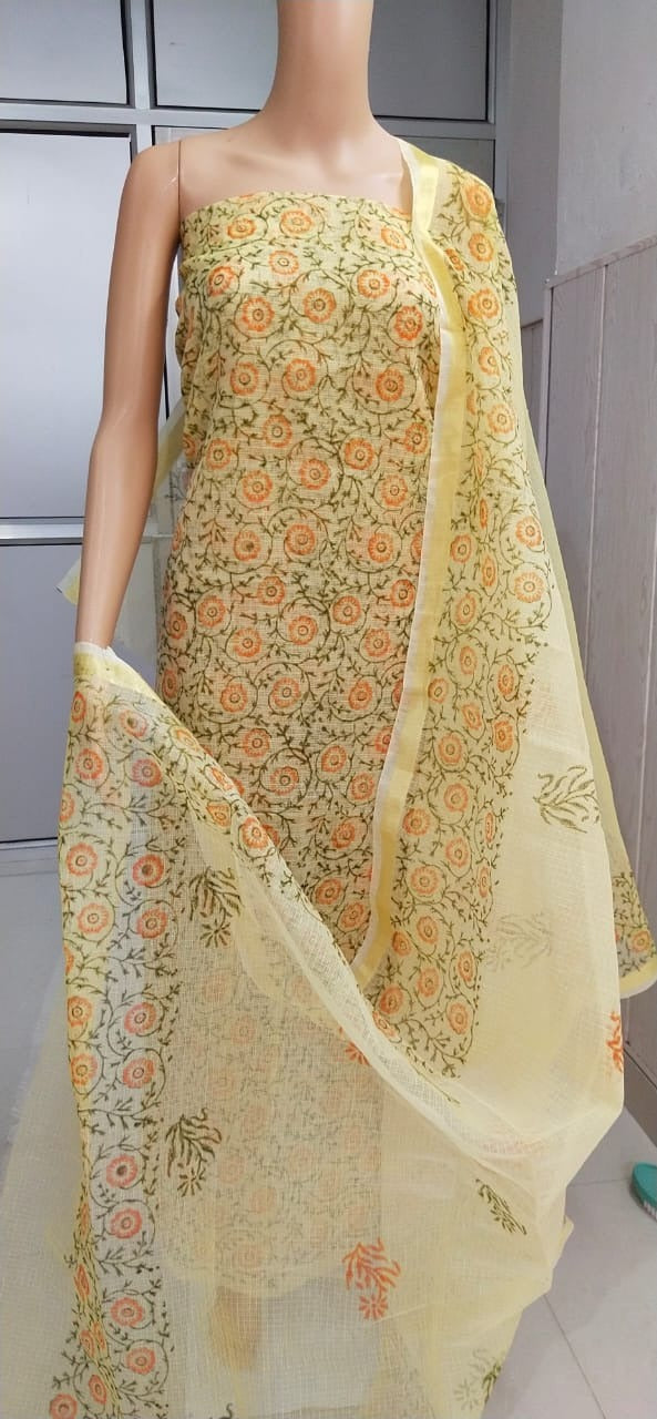 Yellow Color Kota Doriya unstitched suits With Kota Doriya Dupatta (Without Bottom )