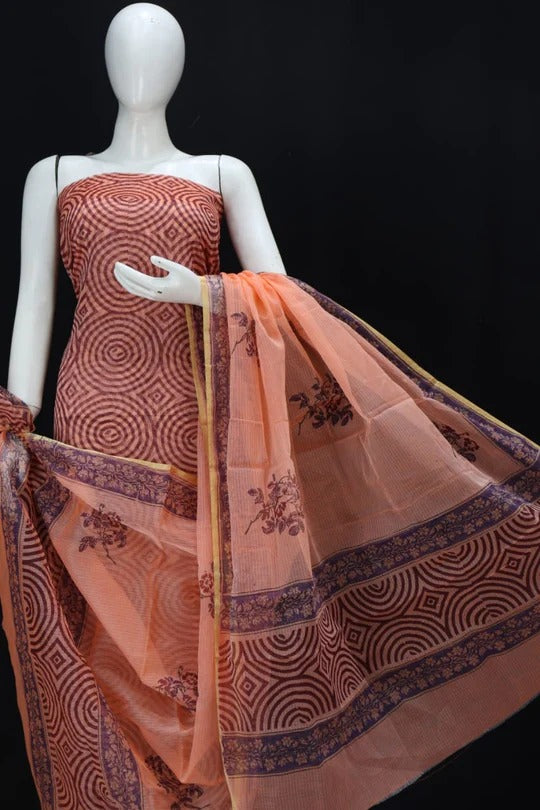 Peach  Color Kota Doriya unstitched suits With Kota Doriya Dupatta (Without Bottom )