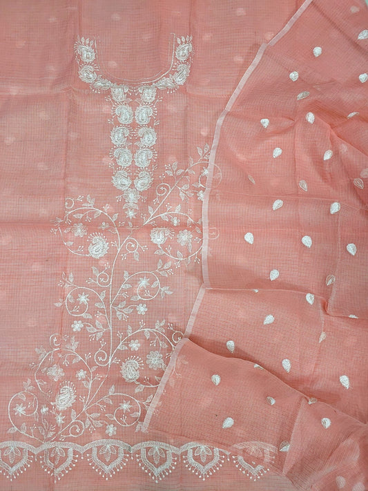 Pure Kota-Doria Unstitched Suit with Embroidery Work