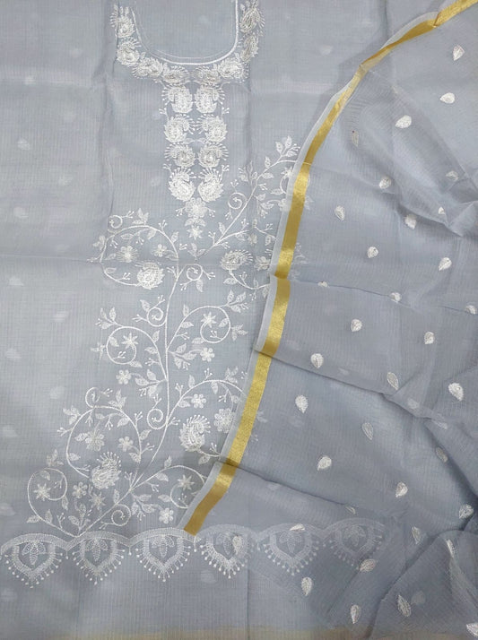 Pure Kota-Doria Unstitched Suit with Embroidery Work