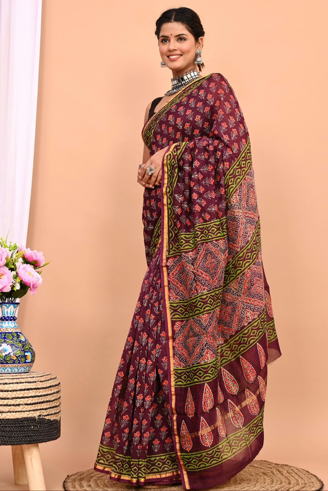 Sooti Syahi-Hand Block Printed Chanderi Silk Saree-12 – Okhaistore