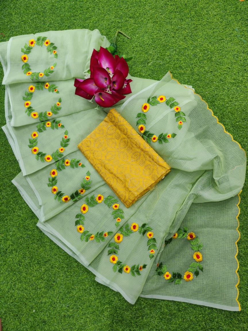 Pure Kota-Doria Saree with Blouse and embroidery work