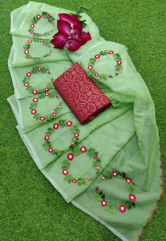 Pure Kota-Doria Saree with Blouse and embroidery work