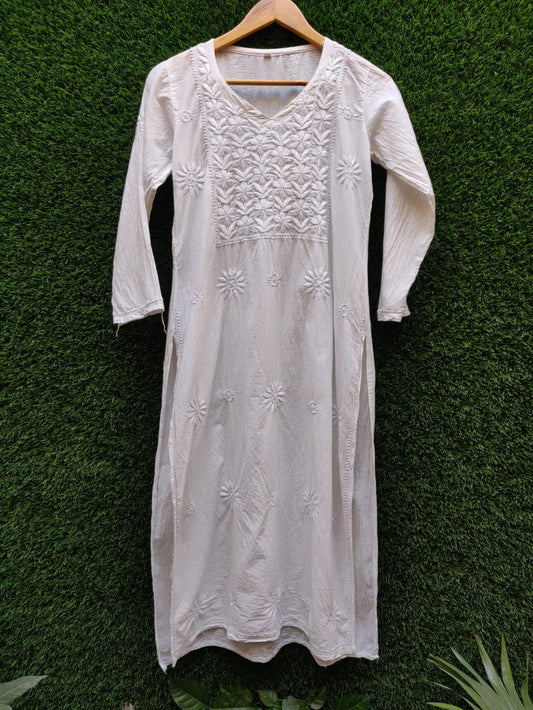 Pure Cambric Cotton 60 Grams Non Transparent Dyeable Intricate Chikankari Hand Embroidery Work Kurta.