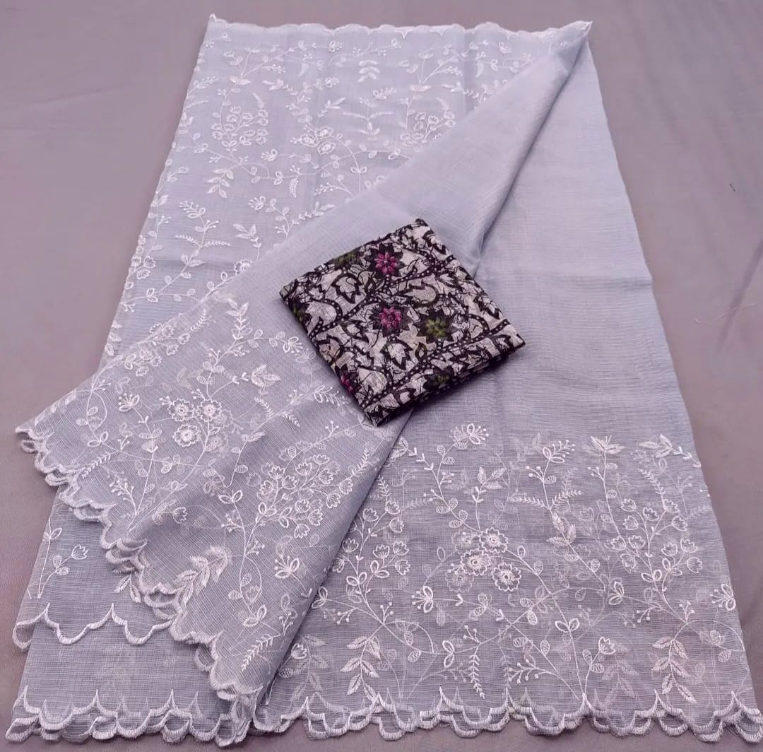 Pure Cotton Kota Doria Embrodiery Work Saree With Blouse