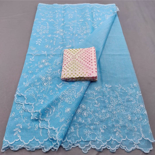 Pure Cotton Kota Doria Embrodiery Work Saree With Blouse