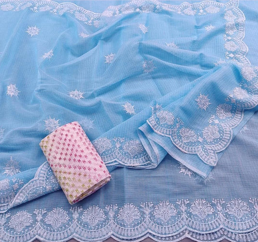 Pure Cotton Kota Doria Embrodiery Work Saree With Blouse